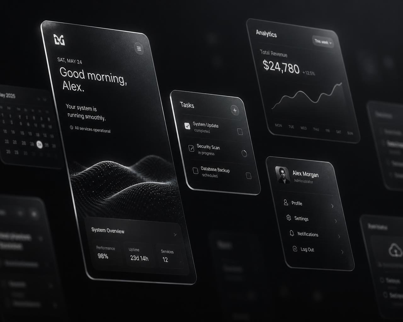 Floating dark interface cards from FG Studios app and website work